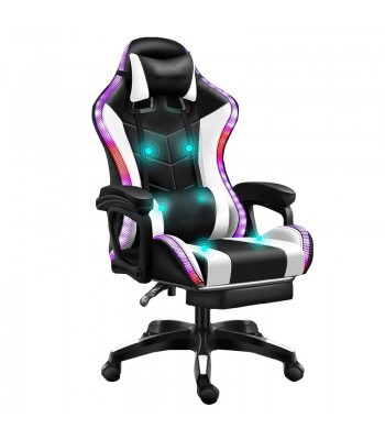 Shopmore Καρέκλα Gaming με υποπόδιο και Φωτισμό RGB MN180° Μαύρη -Λευκή  GA-333W